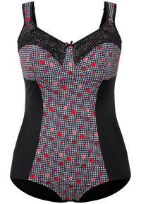 Zwembroek met een houndstooth patroon en veelkleurige bloemen aan de voorkant, zwarte zijkanten en een met kant afgewerkte halslijn.