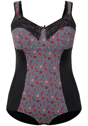 Maillot de bain avec un motif pied de poule orné de fleurs multicolores sur le devant, côtés noirs et encolure rehaussée de dentelle.