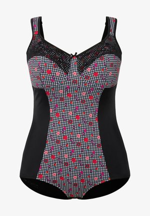 Badetøj med et hørteskakkemønster og flerfarvede blomster på forsiden, sorte sider og en halsudskæring med blondeaccent.