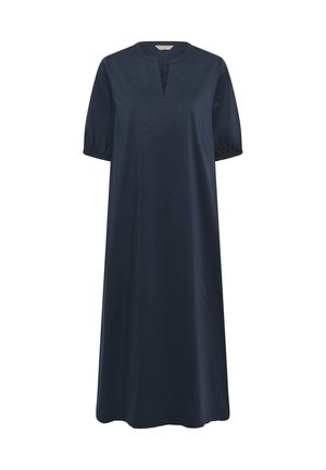 Robe midi bleu marine avec manches courtes bouffantes, encolure ronde fendue et silhouette droite ample.