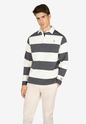 Langarm rugbyshirt met marineblauw en witte horizontale strepen, een kraag, een knoopsluiting met twee knopen en een logo-accent op de borst.