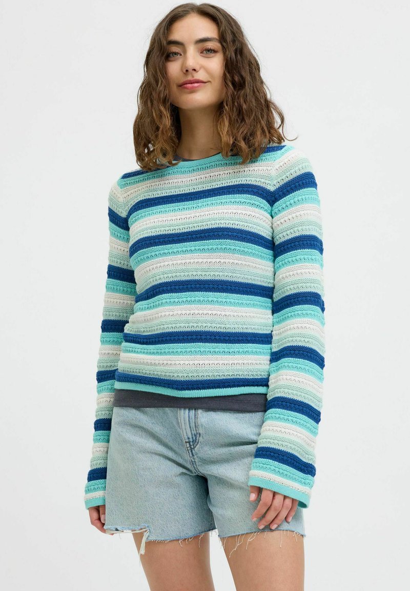 Stickad tröja med horisontella ränder i ljusblått, teal och marinblått, med rund halsringning och förlängda ärmar. Bärs med denimshorts.