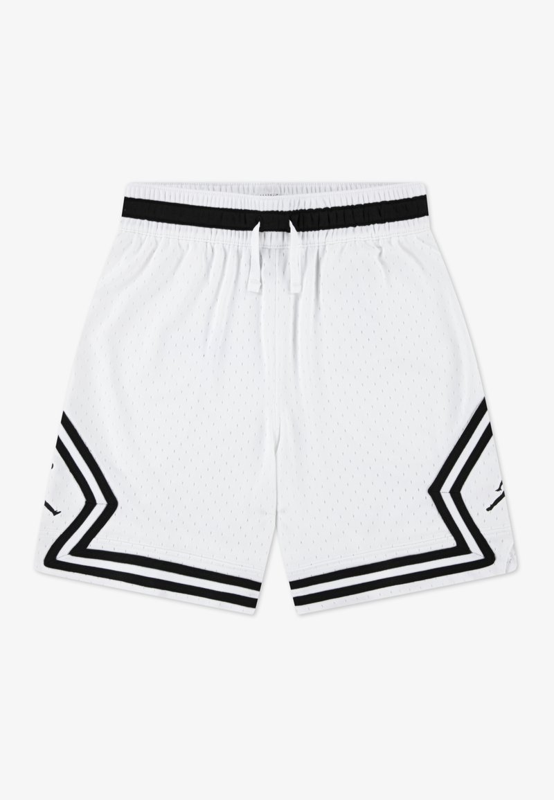 White athletic shorts with mesh fabric, black elastic waistband, black drawstrings, and contrasting black stripes forming a chevron pattern.
