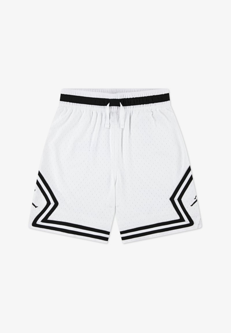 Shorts de sport blancs en tissu mesh, avec une ceinture élastique noire, des cordons noirs et des bandes noires contrastantes formant un motif en chevron.