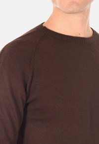 Maglione marrone lavorato a maglia con colletto a girocollo, polsini a coste e una finitura texturizzata. Il design aderente mette in evidenza la cucitura della spalla.