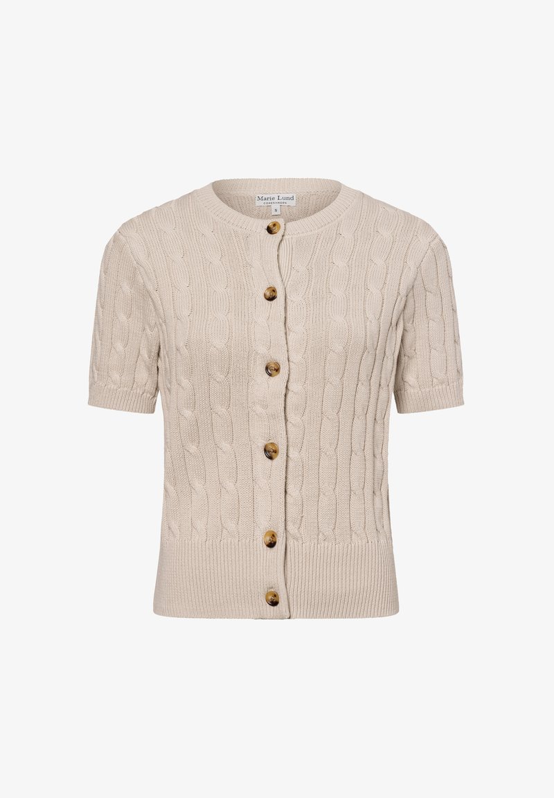 Beige korte mouw cardigan met een kabelbreipatroon, ronde halslijn en vijf bruine knopen aan de voorkant. Ribgebreide zoom en mouwen.
