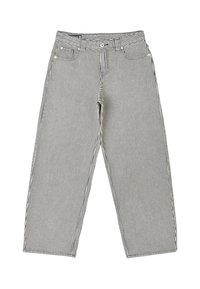 Pantalon à jambes larges avec rayures verticales noires et blanches, bouton et fermeture éclair à l'avant, et passants de ceinture, posé à plat sur fond blanc.