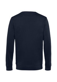 Felpa blu navy, colore uniforme, maniche lunghe, colletto rotondo, polsini e bordo a costine, texture morbida, visto da dietro, senza grafiche o motivi.