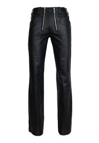 Zwarte leren broek met hoge taille, twee ritsen aan de voorkant en zijzakken. Glad textuur, op maat gemaakte pasvorm en rechte pijpen.