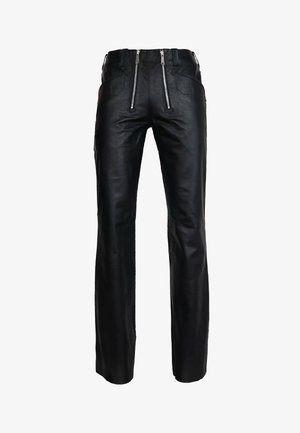 Zwarte leren broek met hoge taille, twee ritsen aan de voorkant en zijzakken. Glad textuur, op maat gemaakte pasvorm en rechte pijpen.