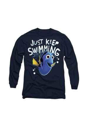 Navy long-sleeve shirt featuring a blue fish graphic with a yellow dorsal fin, surrounded by the text "Just Keep Swimming" in white.