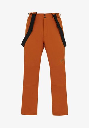 Orange wasserfeste Hose mit verstellbaren schwarzen Trägern, zwei Seitentaschen, verstärkten Knieflecken und einem dezenten Logo nahe dem Saum.