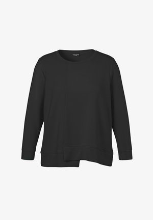 Black sweatshirt with long sleeves, round neckline, and a relaxed fit. Made from soft fabric with a slightly textured finish and asymmetrical hem.