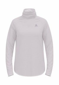Lichtgrijze langemouwen coltrui met een gladde textuur en een aansluitend ontwerp. Bevat het Odlo-logo op de borst.