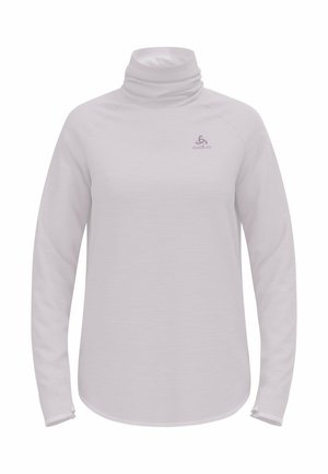 Chandail à col roulé à manches longues gris clair, avec une texture lisse et une coupe ajustée. Présente le logo Odlo sur la poitrine.