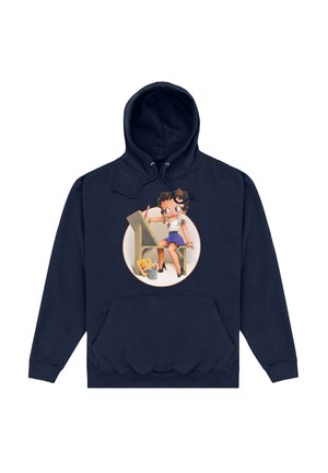 Granatowy hoodie z okrągłą grafiką przedstawiającą dziewczynę z brązowymi włosami, ubraną w białą bluzkę i niebieską spódnicę, siedzącą przy sztaludze z przyborami artystycznymi.