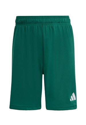 Zielone sportowe spodenki z elastycznym pasem i białym logo Adidas na dolnej prawej nogawce, prezentowane na białym tle.