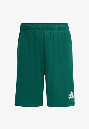 Grüne Sportshorts mit elastischem Bund und weißem Adidas-Logo am unteren rechten Bein, vor weißem Hintergrund dargestellt.