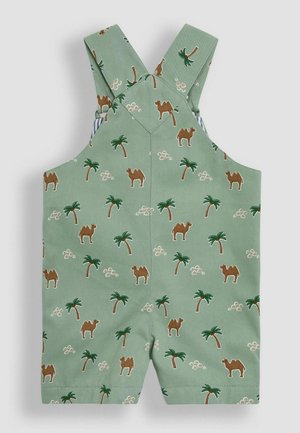 Salopette verde con un motivo ripetuto di cammelli e palme, realizzata in tessuto morbido, con bretelle regolabili per una vestibilità perfetta.