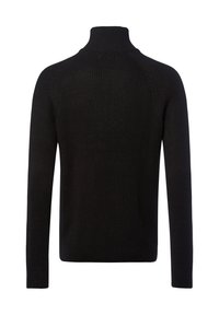 Sort ribbet trøje med høj krave, lange ærmer og tætsiddende design. Det teksturerede stof er blødt og varmt.