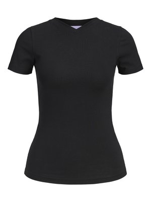 Tricou negru mulat cu mânecă scurtă și guler în V, material neted și design simplu, afișat pe fundal alb.