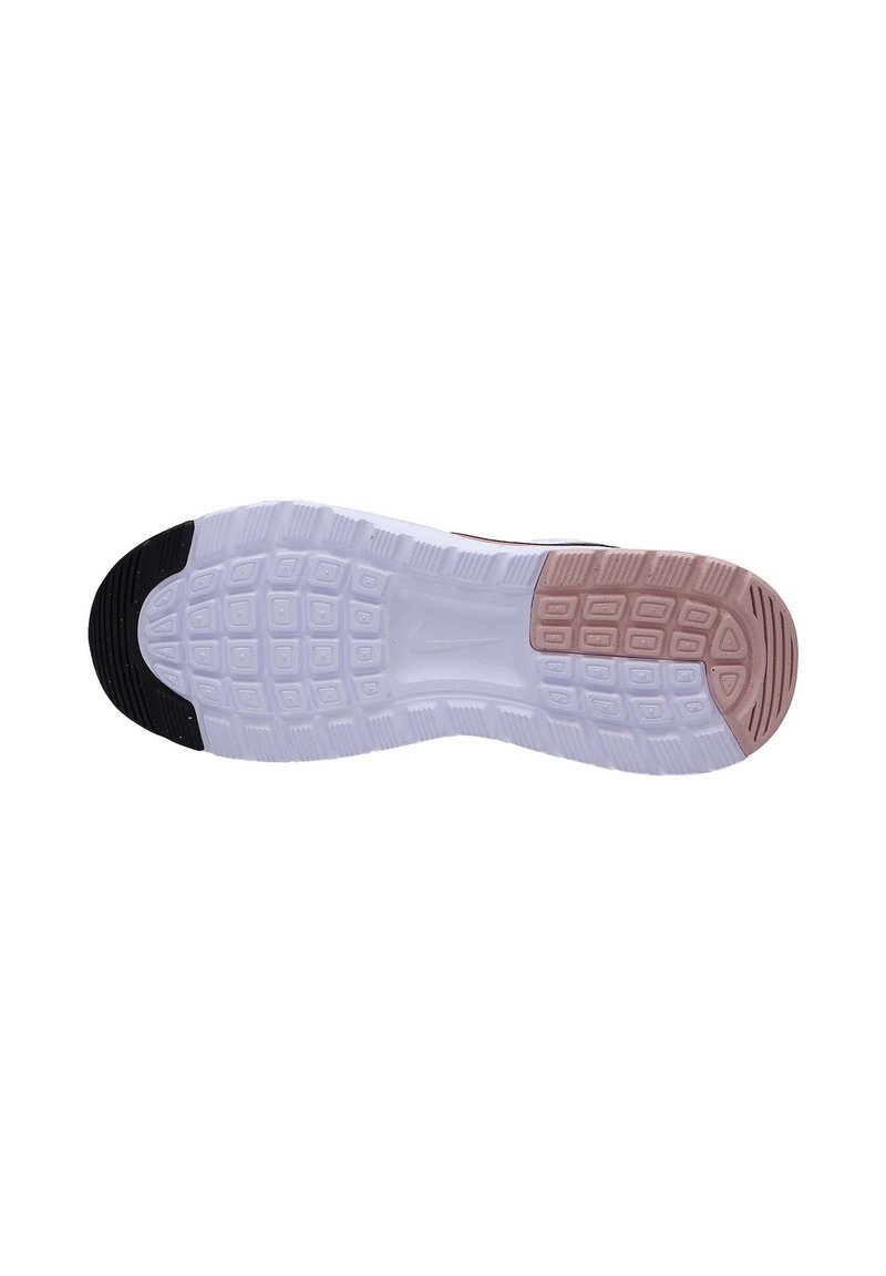 Semelle de chaussure de sport avec une base en caoutchouc blanc flexible, des accents ronds noirs et roses, et un motif de semelle structuré.