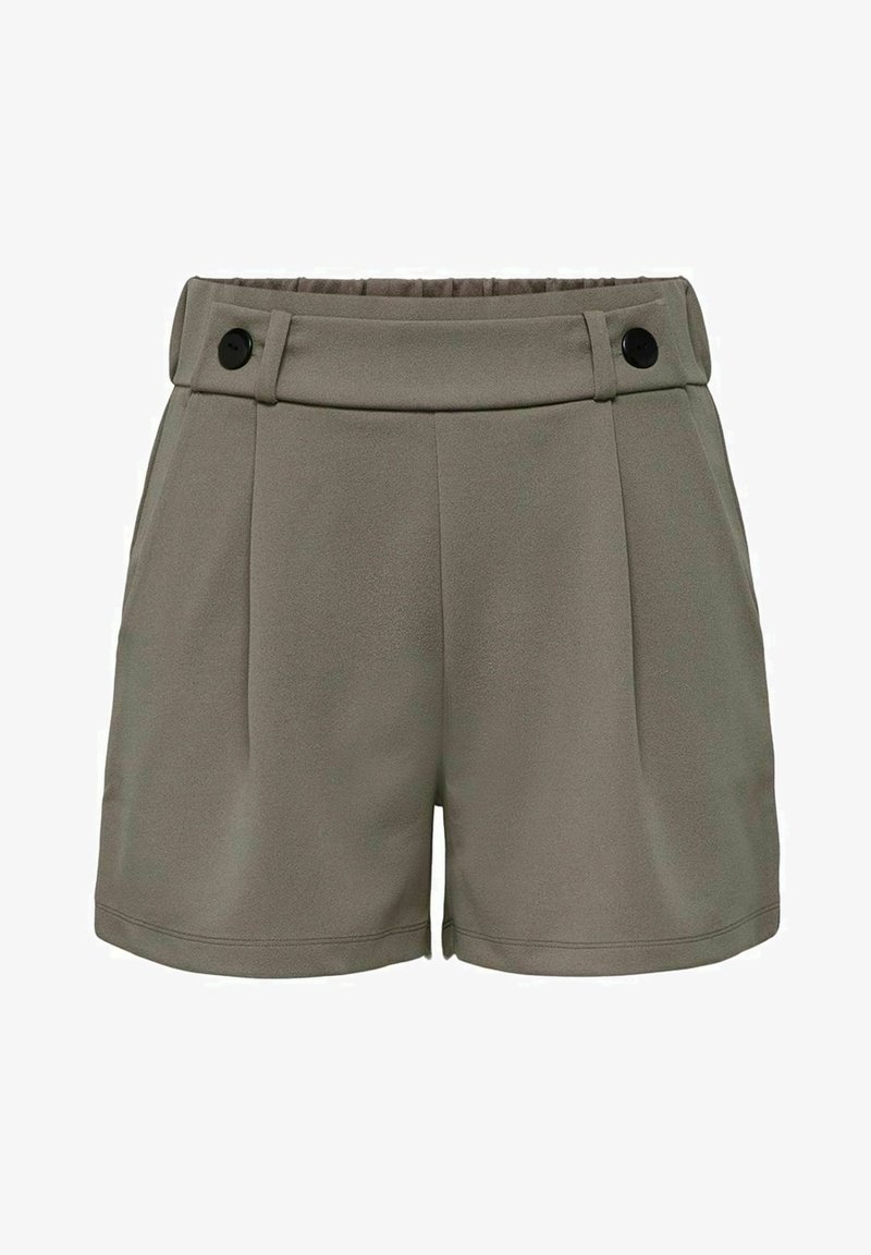 Khaki šortky s hladkou texturou, sklady vpředu a elastickým pasem, na kterém jsou dva černé knoflíky.