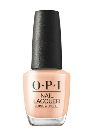Flacon de vernis à ongles OPI beige avec un bouchon noir, étiqueté « OPI Nail Lacquer Vernis à Ongles » en noir sur le devant.