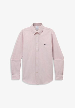 Overhemd met lange mouwen met rode en witte verticale strepen, button-down kraag en klein zwart geborduurd logo op de linkerbuste.