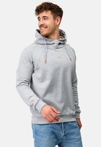 Sudadera gris con cordones, mangas raglán y logo en el frente. Presenta puños y dobladillo acanalados, hecha de una suave tela de mezcla de algodón.