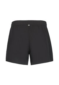 Svarta badshorts med elastisk midja, diskreta perforerade detaljer på sidorna och en liten flerfärgad logotyp på baksidan.