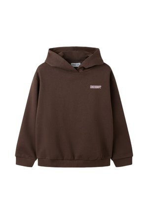 Sweat à capuche marron avec le mot "CROISSANT" imprimé en blanc sur la poitrine gauche, manches longues avec poignets et ourlet côtelés.