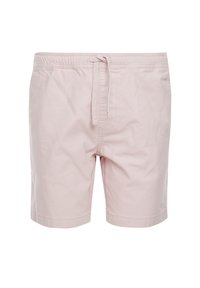 Shorts rose clair à cordon de serrage avec taille élastique, couture avant et un petit logo près de l'ourlet sur la jambe droite.