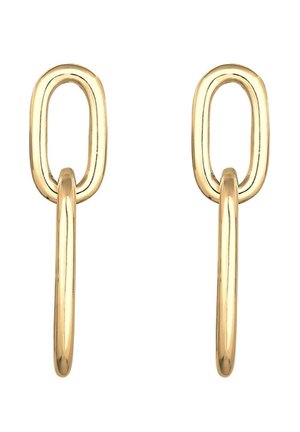 Paire de boucles d'oreilles pendantes en métal doré avec un maillon ovale attaché à un plus grand anneau ovale allongé.