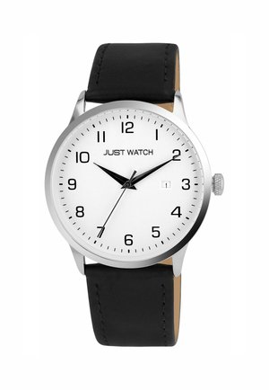 Silberner Edelstahluhren mit einem weißen Zifferblatt, schwarzen arabischen Ziffern, schwarzem Lederarmband und einem Datumsfenster auf drei Uhr.