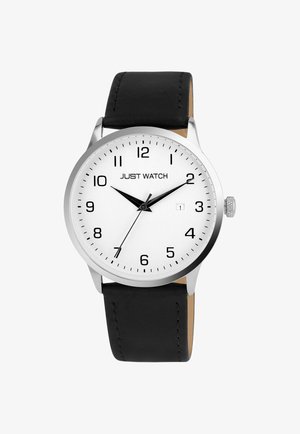 Silberner Edelstahluhren mit einem weißen Zifferblatt, schwarzen arabischen Ziffern, schwarzem Lederarmband und einem Datumsfenster auf drei Uhr.