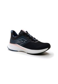 Scarpa da ginnastica nera con tomaia traspirante, dettaglio rosa chiaro sulla suola intermedia, tallone testurizzato e design a righe blu sul lato.