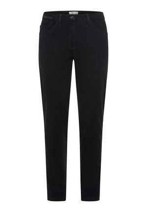 Sorte denimbukser med tætsiddende pasform, der har to frontlommer og en lynlås foran. Stoffet har en glat overflade og diskret syninger.
