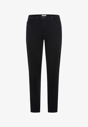 Schwarze Denim-Hosen mit schlankem Schnitt, ausgestattet mit zwei vorderen Taschen und einem Reißverschluss. Der Stoff hat eine glatte Textur und dezente Nähte.