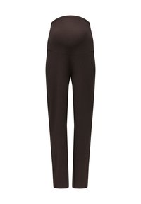 Σκούρο καφέ παντελόνι εγκυμοσύνης με ψηλή, ελαστική μέση σχεδιασμένη να υποστηρίζει άνετα την κοιλιά της εγκύου.