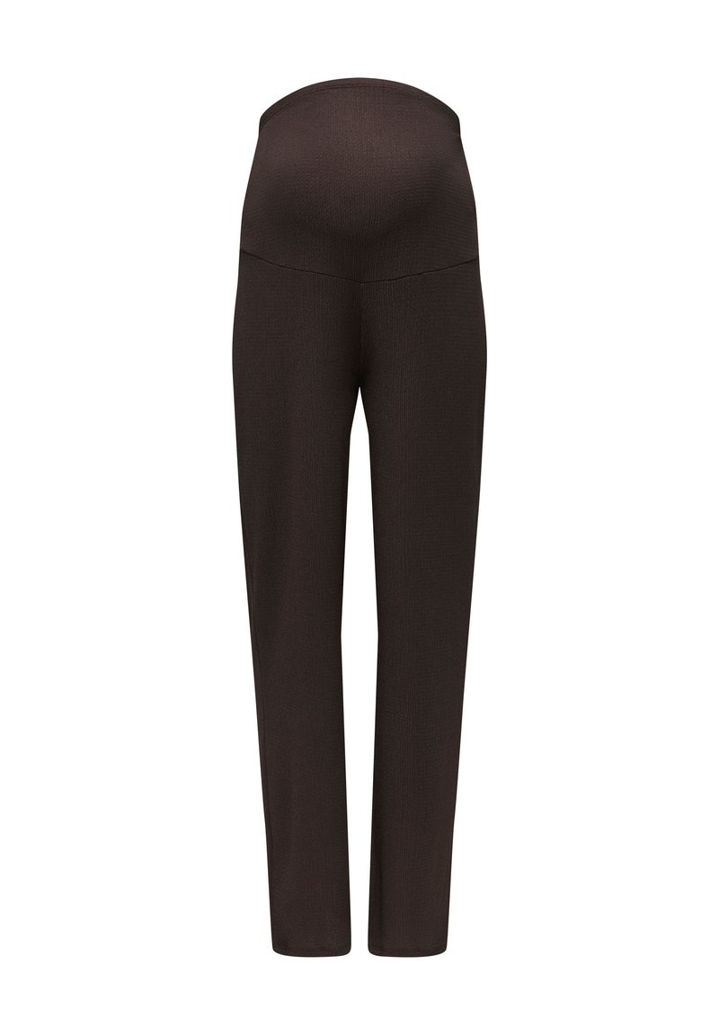 Σκούρο καφέ παντελόνι εγκυμοσύνης με ψηλή, ελαστική μέση σχεδιασμένη να υποστηρίζει άνετα την κοιλιά της εγκύου.