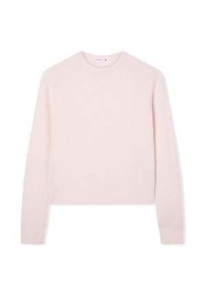 Jasnoróżowy, krótki sweter z długimi rękawami, wykonany z miękkiej, teksturowanej tkaniny. Posiada okrągły dekolt i prążkowany dolny brzeg.