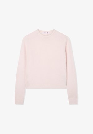 Jasnoróżowy, krótki sweter z długimi rękawami, wykonany z miękkiej, teksturowanej tkaniny. Posiada okrągły dekolt i prążkowany dolny brzeg.