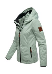 Lichtgroene hooded jacket met zwarte voering, voorrits, zijzakken en een bruine logo patch op de linker mouw.