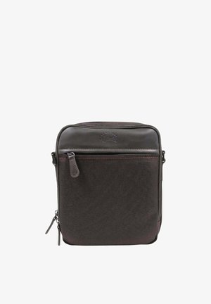 Petit sac bandoulière marron foncé compact avec poche avant zippée et garniture en cuir, conçu pour un usage quotidien décontracté.