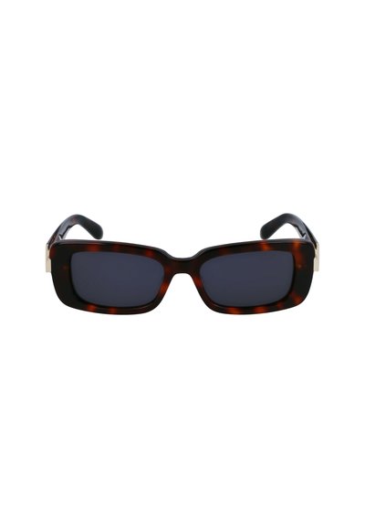 Ochelari de soare din fâșii de broască țestoasă cu ramă rectangulară, lentile întunecate și accente subtile de aur pe tâmple. Textură netedă din plastic.