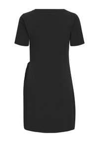 Robe noire à manches courtes, coupe droite et col rond, vue de dos sur fond blanc.