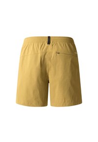 Yellow shorts with an elastic waistband, featuring a black pull tab and a zippered pocket on the back for secure storage.
