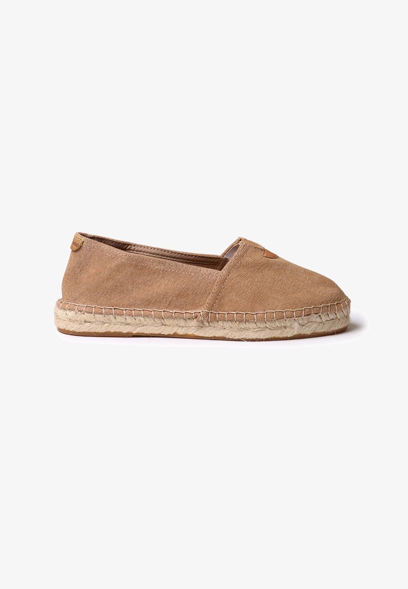 Brown fabric espadrille with a rounded toe, braided jute sole, and small logo detail on the side. Lightweight and slip-on design.