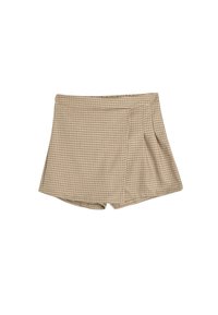 Gecontroleerde beige shorts met een elastische tailleband en geplooide details. Gemaakt van een zachte stof, met een ruitpatroon over het geheel.
